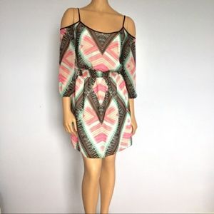 Bebe Tribal Pink Teal Cold Shoulder Dress M
